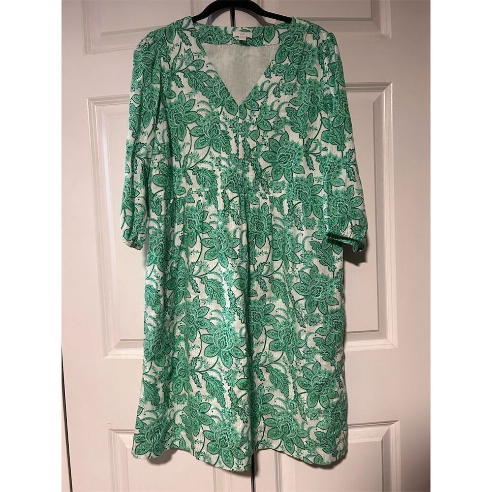 J. Jill Women's S Green Floral A-Line Swing Dress 3/4 Sleeve V-Neck
